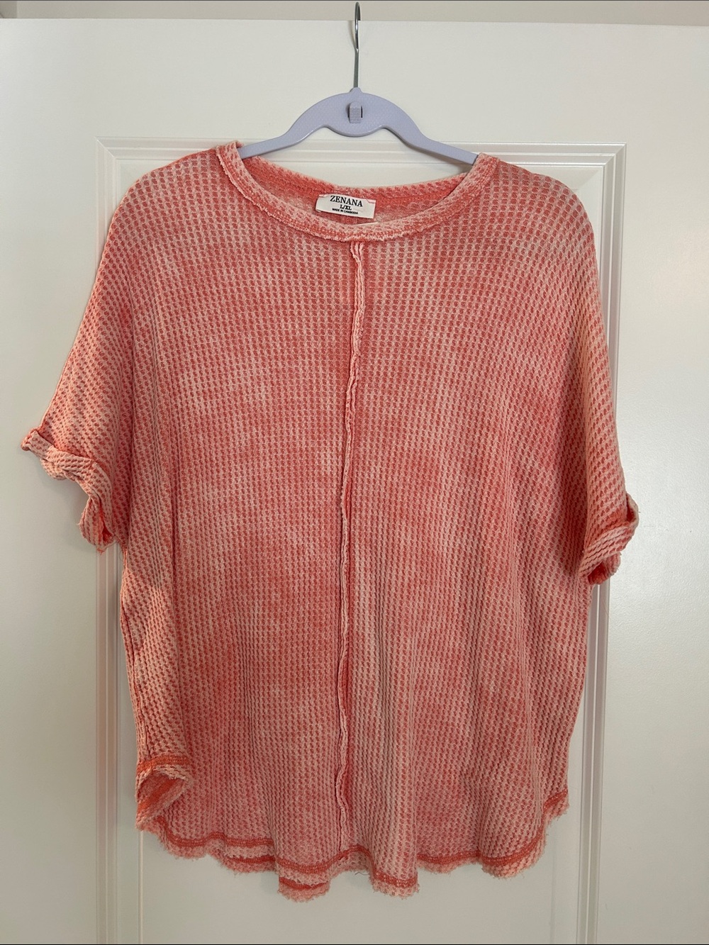 Zenana Outfitters Washed Coral Pink Waffle Knit Short Sleeve Top